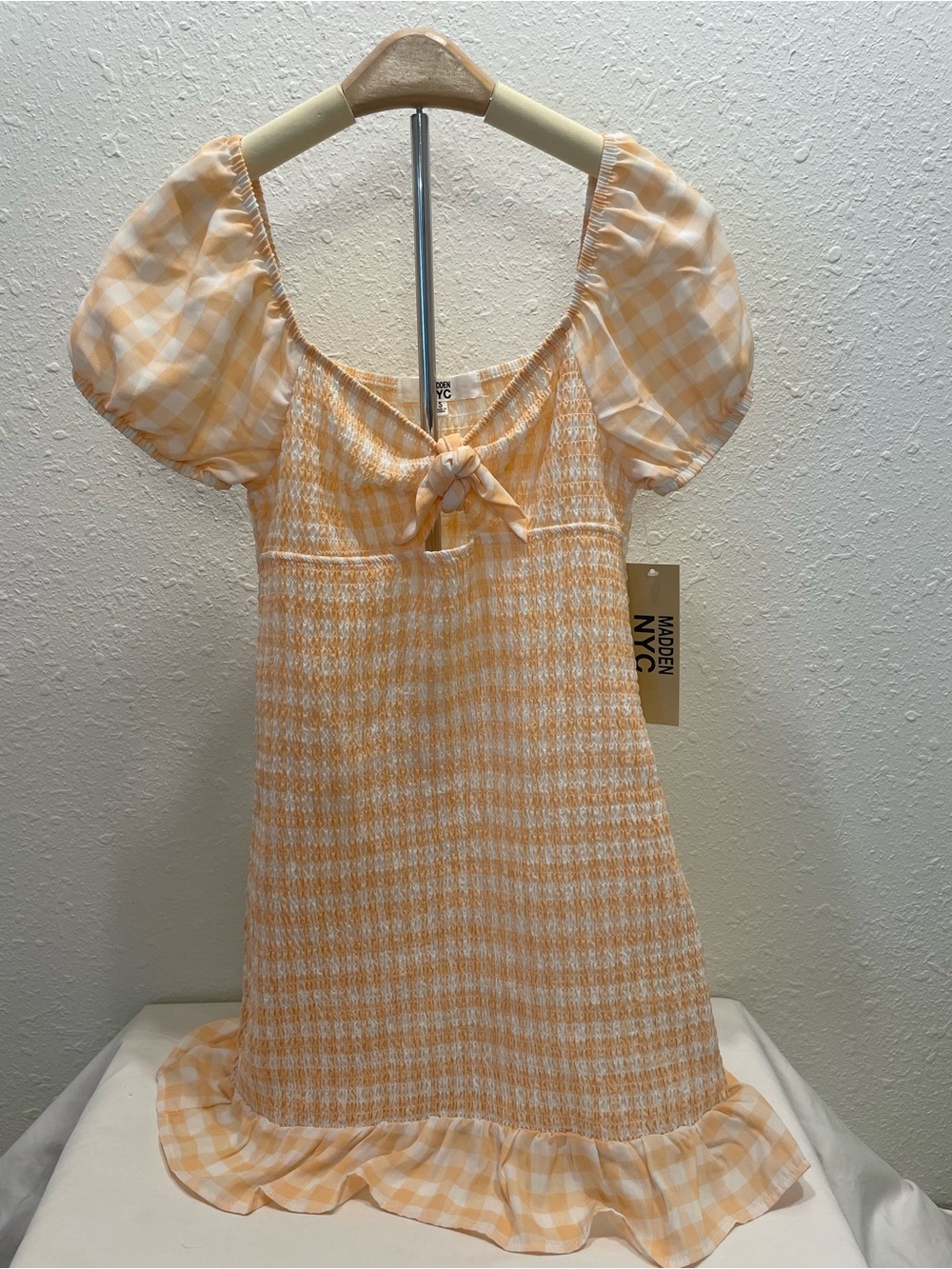 Madden NYC Yellow Gingham Midi Dress with Puff Sleeves
